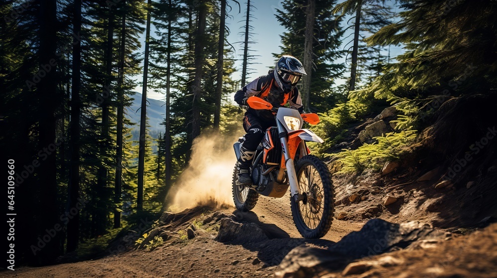 Racing Through the Mountain and Forest on a High-Speed Motocross Dirt Bike	
