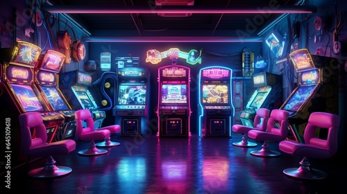 a retro video game arcade room, showcasing vintage arcade cabinets and neon-lit game room chairs for a nostalgic gaming arcade