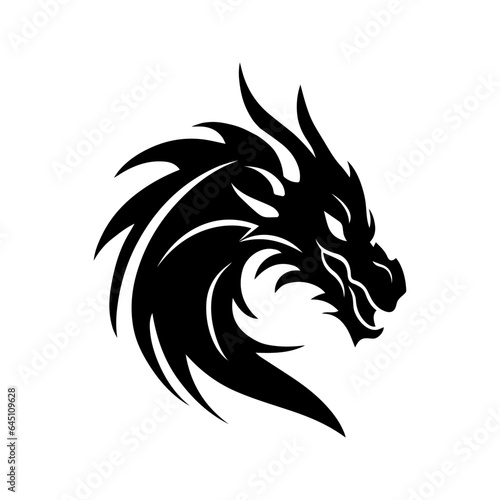 Black dragon illustration. Symbol of New Year 2024. Chinese dragon, fairy and fantastic serpent, fantazy monster, for cricut. Sketch for tattoo. Isolated vector image, dragon head silhouette