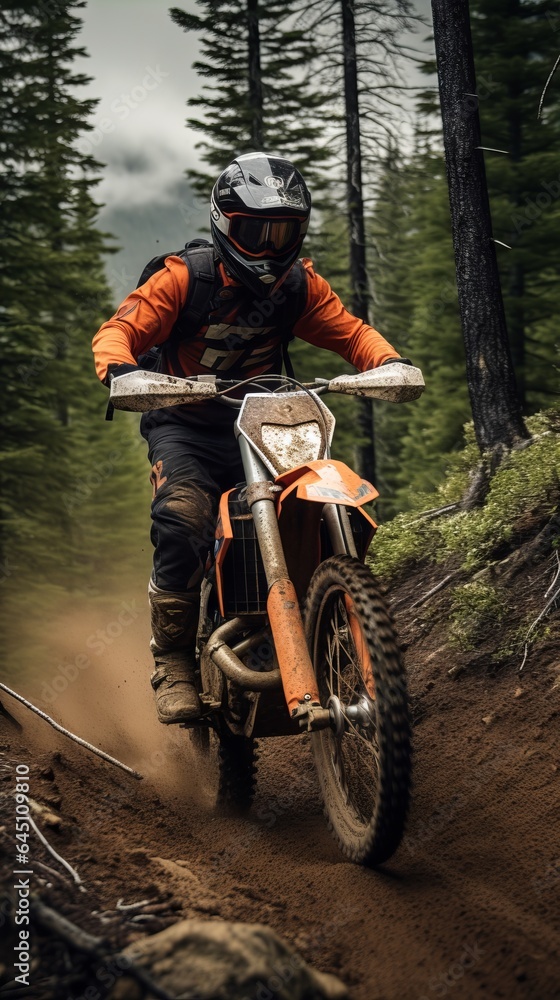 Naklejka premium Extreme Sports in Nature:a person riding a orange motorcycle in the forest.