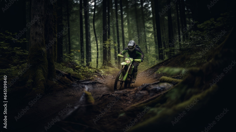 Fototapeta premium Extreme Sports in Nature: a person riding a dirty bike at the Forest.