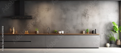 Minimalistic kitchen with white and dark grey walls, concrete floor, and grey countertops featuring a built-in sink and cooker.