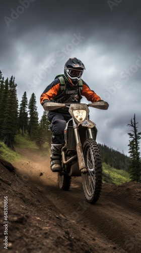 Extreme Sports in Nature: a person riding a Motocross motorcycle bike at the Forest.