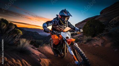 Extreme Sports in Nature: a person riding an orange motorcycle in the Mountains.