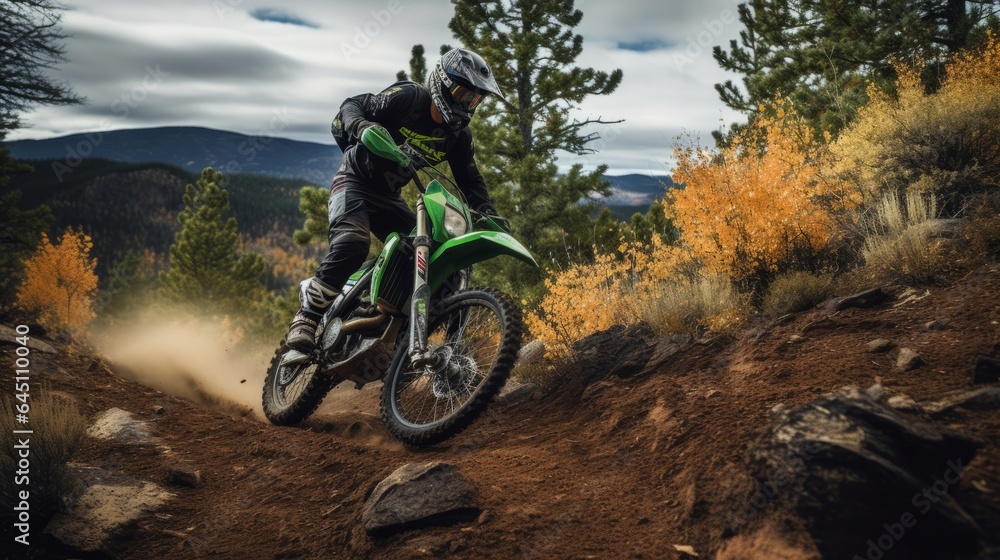 Extreme sports in nature: a person riding a green motorcycle in the mountain Extreme sports in nature: a person riding a green motorcycle in the mountain