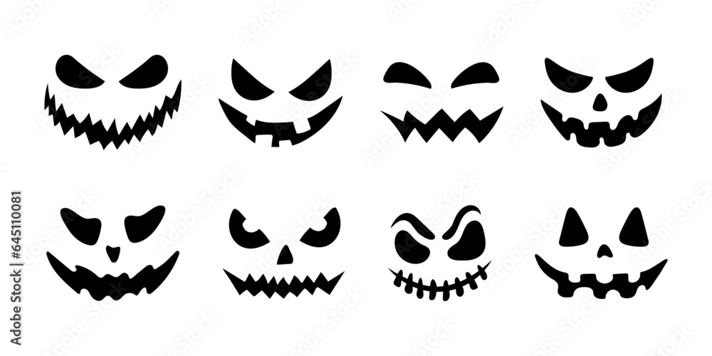 Halloween face set. Vector illustration, traditional Halloween decorative element, black smirk silhouette. Pumpkin grimace set. Halloween silhouette black smirk face - for cricut, design and decor.