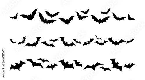 Set bats border lines. Vector illustration, traditional Halloween decorative elements. Halloween silhouettes black flying bats pattern lines - for design decor.