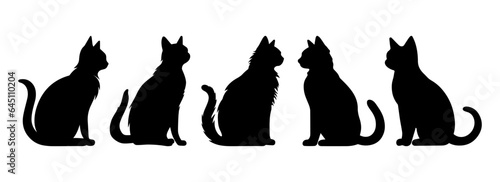 Feline silhouettes, black cat - for logo of homeless animal shelter. Animal theme. Set black cats, isolated on white background. Vector illustration, Halloween decorative elements.