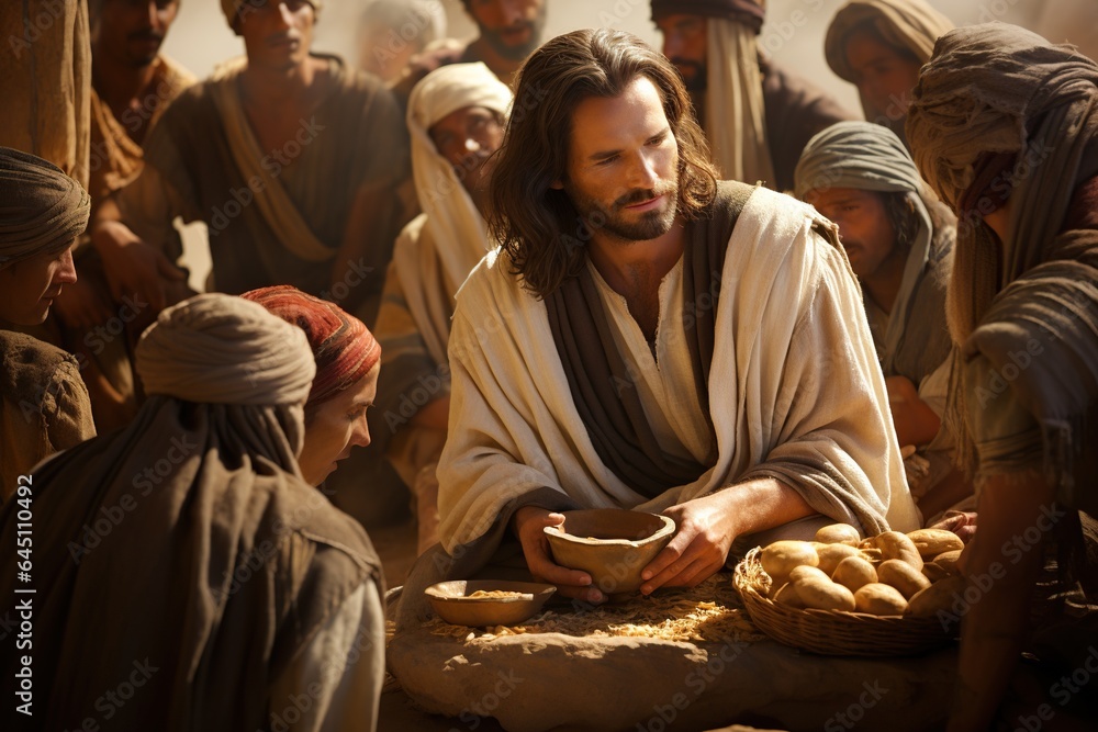 Jesus Christ fed bread to the poor , bible religion, gospels, ancient scriptures history, Jesus hands giving bread to poor , biblical story to feed hungry, charity.