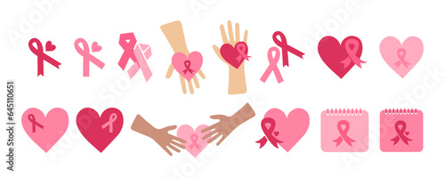 Set of pink ribbon and heart icons for Pink October. Breast Cancer Awareness sign and symbol. Awareness ribbons for Nursing Mothers, Birth Parents and Breast Reconstruction Awareness. Pink October set