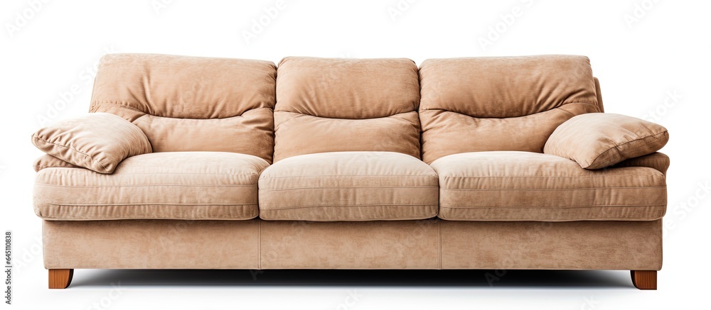 Obraz premium Beige fabric sofa, three seats, isolated on white background.