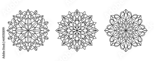 Vector black floral mandalas isolated on white background. Set of geometric line flower mandala illustrations. Geometric patterned simple ornaments for adult coloring books, coloring pages.