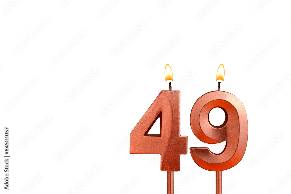 Burning candle number 49 for birthday on white background Burning candle number 49 for birthday on white background