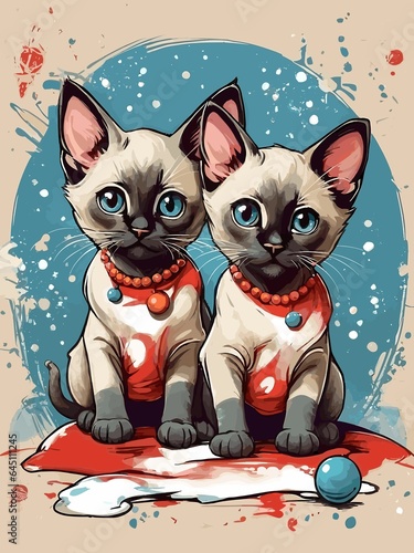 christmas Siamese cats wearing a santa hat