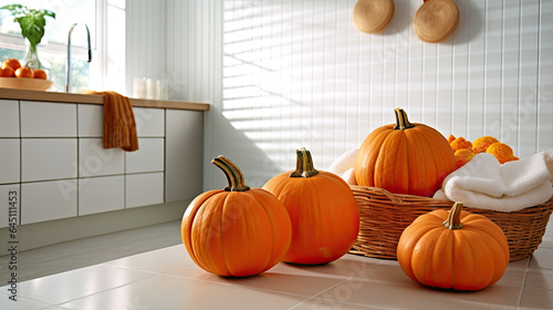 Pumpkin on a surface in a modern laundry room