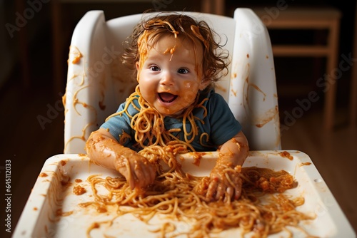 Overhead view of a baby making a mess with his food. Spaghetti all over his face