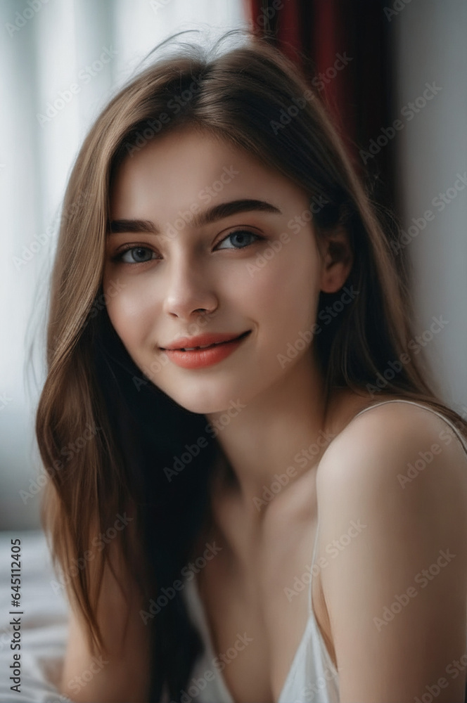 Beautiful Woman in White Dress Smiling on Bed Beautiful Woman in White Dress Smiling on Bed