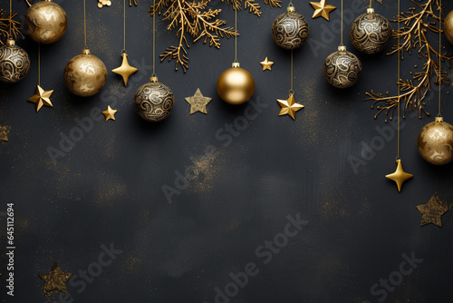Golden Christmas ornaments on black background