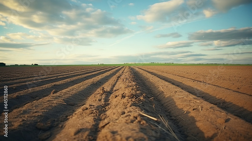 Plowed agricultural field under dramatic sky. AI Generative.