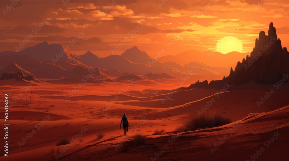 Naklejka premium Capture the warm hues of a desert sunset over rolling sand dunes, casting long shadows and evoking a feeling of vast solitude game art