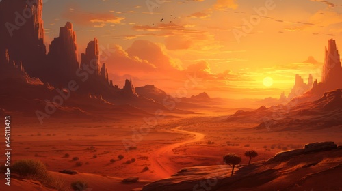 Capture the warm hues of a desert sunset over rolling sand dunes, casting long shadows and evoking a feeling of vast solitude game art