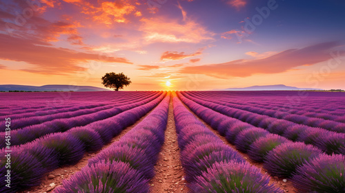 An enchanting image capturing the vast expanse of a lavender field in full bloom. AI Generative.