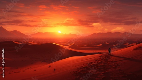 Capture the warm hues of a desert sunset over rolling sand dunes, casting long shadows and evoking a feeling of vast solitude game art © Damian Sobczyk