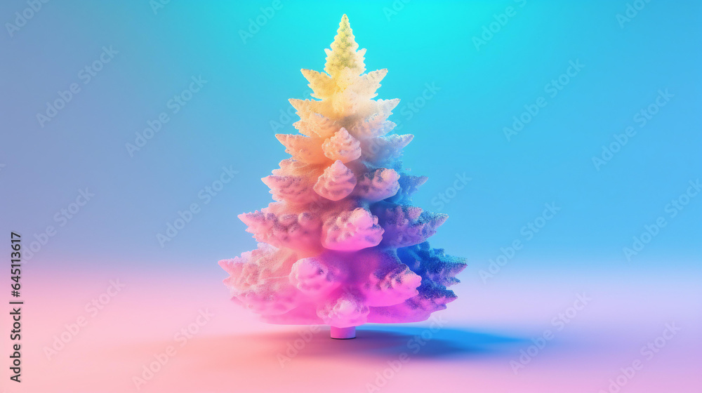 Snowy Christmas tree in vibrant bold gradient holographic colors.