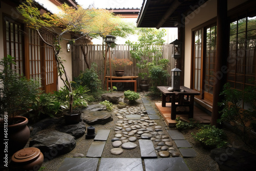 Outdoor japanese patio. Generative AI