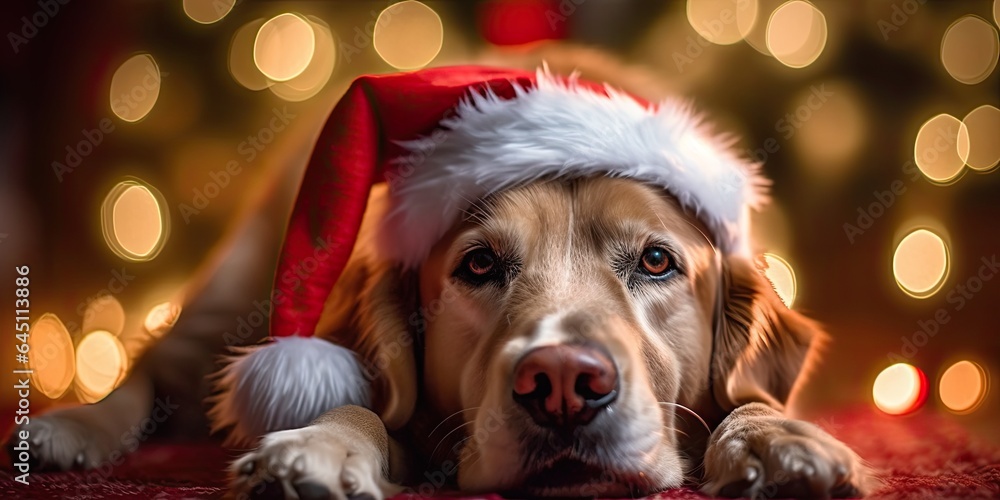 A golden retriever in a red Christmas hat lies against the background of Christmas lights A golden retriever in a red Christmas hat lies against the background of Christmas lights