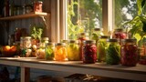 Rustic kitchen adorned with colorful jars of canned conservation fruits and vegetables neatly arranged on the table. Warm, cozy atmosphere. Healthy homemade food for the winter.