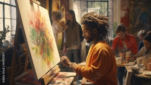 A black African American man with dreadlocks is a left-handed artist painting an abstract oil painting on canvas in an art studio. A refugee is exploring the world of art. inspiration, painting
