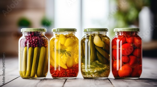 Home conservation for the winter. 4 glass jars with canned vegetables cucumbers, tomatoes, herbs, spices. Healthy food. Food blogging, cookbook, magazine. photo