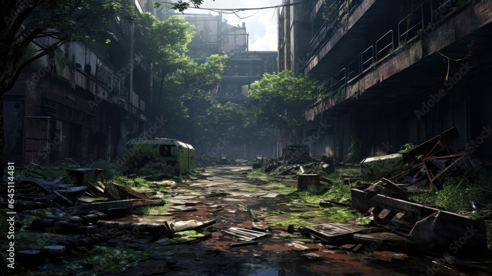 Craft a desolate scene of urban decay, overgrown vegetation, and abandoned structures in a post - apocalyptic world game art Craft a desolate scene of urban decay, overgrown vegetation, and abandoned structures in a post - apocalyptic world game art