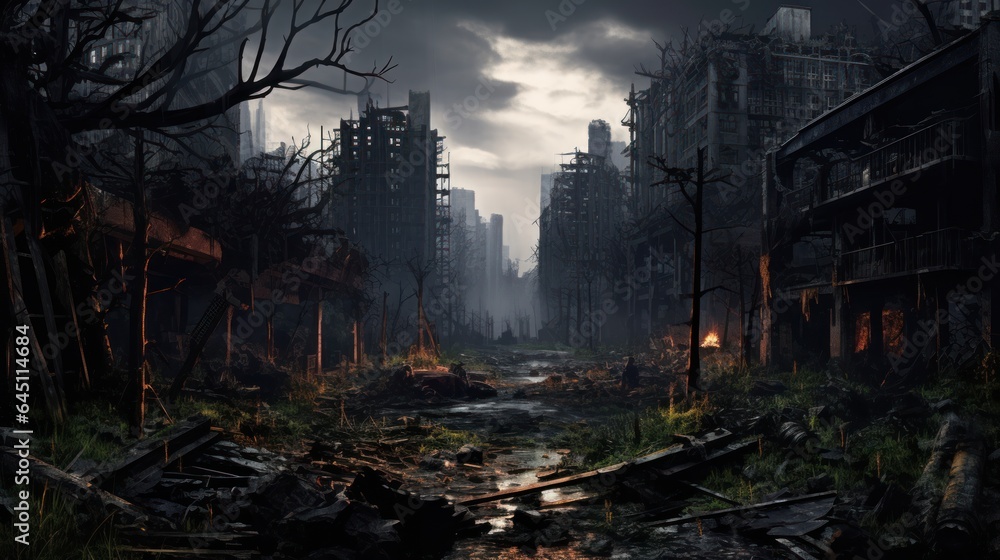 Craft a desolate scene of urban decay, overgrown vegetation, and abandoned structures in a post - apocalyptic world game art Craft a desolate scene of urban decay, overgrown vegetation, and abandoned structures in a post - apocalyptic world game art
