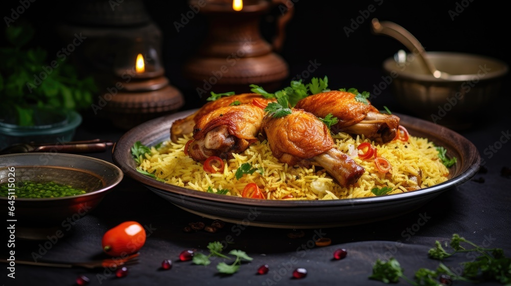 Chicken kabsa homemade arabian rice on dark table. Delicious pilaf with chicken, generative ai