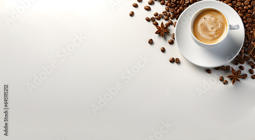 cup of coffee with beans empty background 