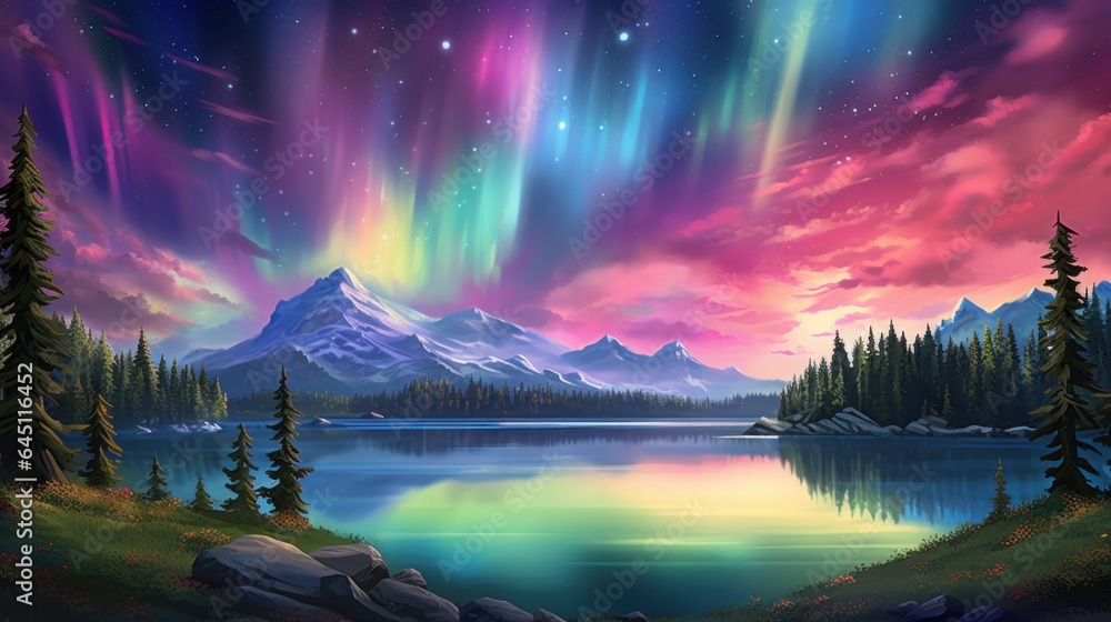 Tranquil meadow illuminated by the dancing colors of the Northern Lights, with wildflowers and celestial wonder Game Art