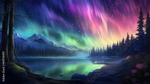 Tranquil meadow illuminated by the dancing colors of the Northern Lights  with wildflowers and celestial wonder Game Art