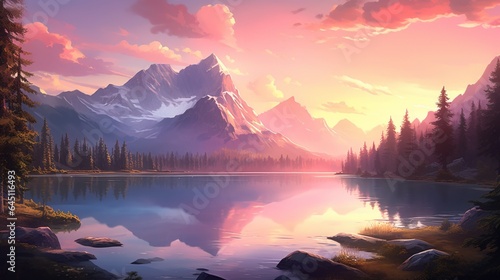 a serene alpenglow sunset over a serene alpine lake, with the surrounding peaks painted in shades of pink and gold in the soft, diffused light