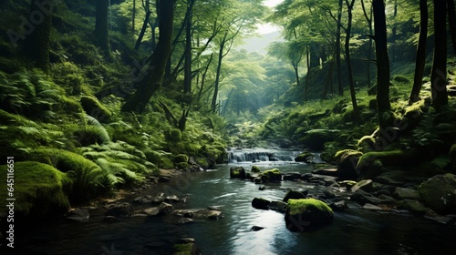 a serene, hidden forest glen, with a carpet of ferns, towering trees, and the soft babble of a crystal-clear woodland stream © ra0