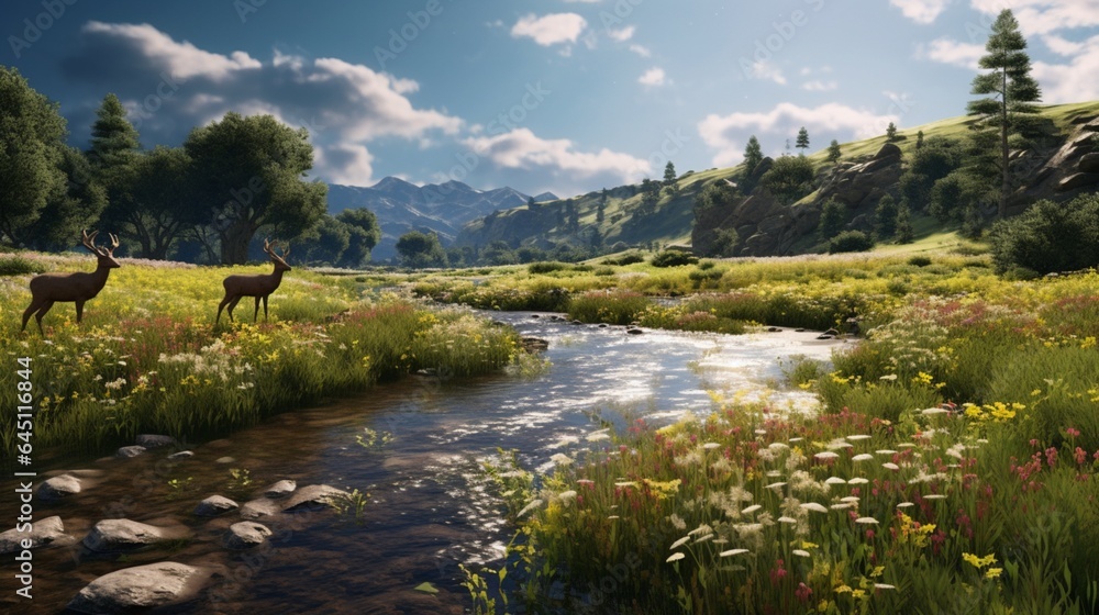 a serene, sun-dappled meadow, with a gentle stream winding through, and wild deer grazing peacefully amid the tall grasses and wildflowers