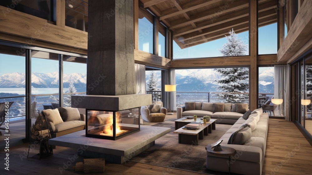 a ski chalet, with a roaring fireplace, timber beams, and panoramic windows offering views of snow-covered slopes in a winter wonderland