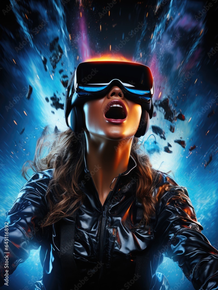 A girl in cyberpunk and digital VR glasses plays the video game of the future