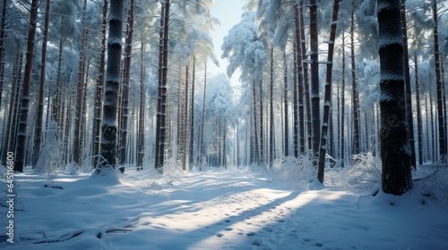 a serene snow-covered forest, with tall pine trees and a soft blanket of snow under the winter sun © ra0