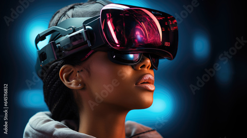A girl in cyberpunk and digital VR glasses plays the video game of the future © Gizmo