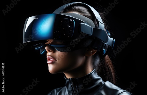 A girl in cyberpunk and digital VR glasses plays the video game of the future © Gizmo