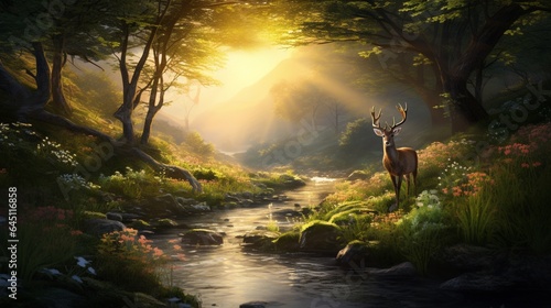 a serene, sun-dappled meadow, with a gentle stream winding through, and wild deer grazing peacefully amid the tall grasses and wildflowers