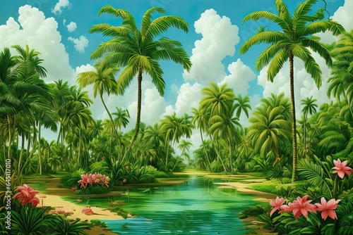 Cuban landscape of green plants, flowers and palms © Korney