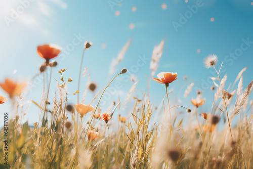 Dreamy flower field and blue sky. Film look.